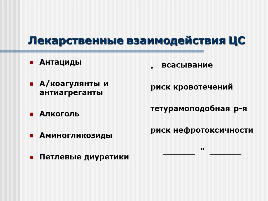 Лекарственные взаимодействия ЦС Антациды А/коагулянты и антиагреганты Алкоголь Аминогликозиды Петлевые диуретики всасывание риск кровотечений